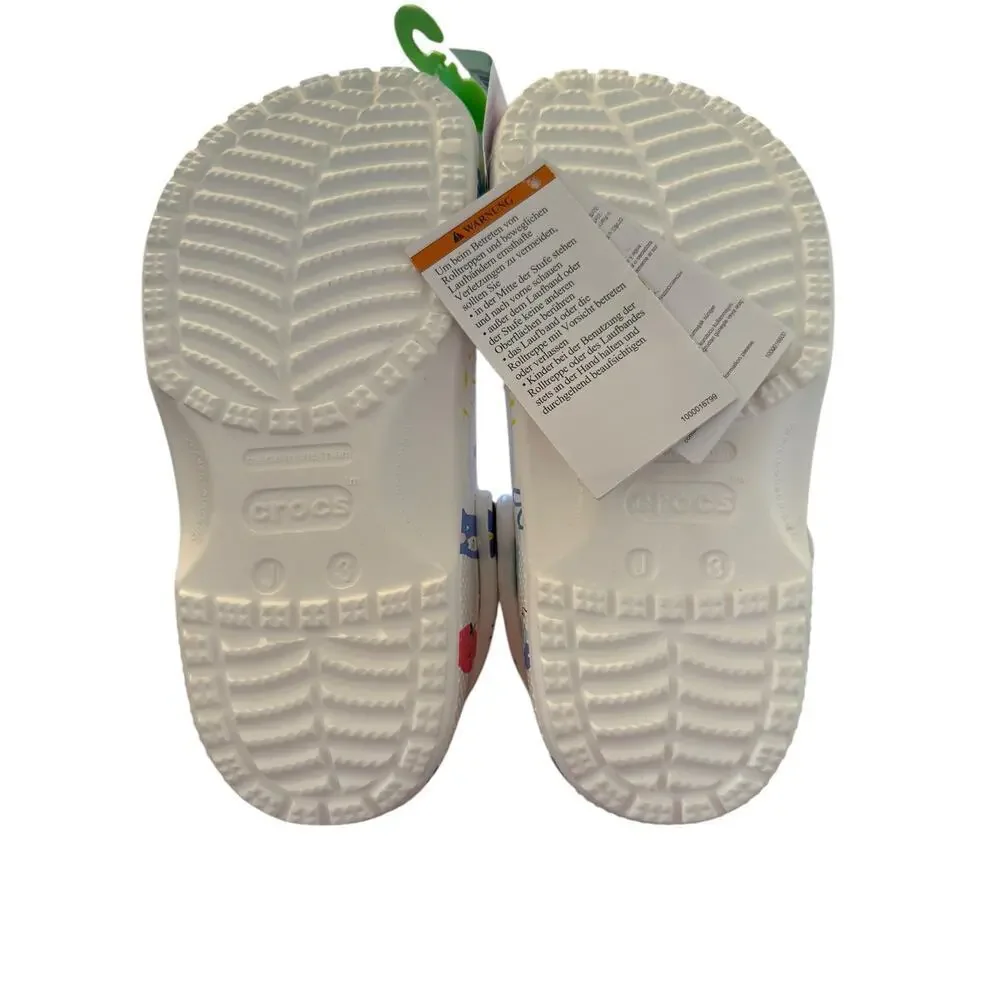 Crocs ﻿Kid's Junior White Multi Classic Doodle Print Clog Shoes Size 3